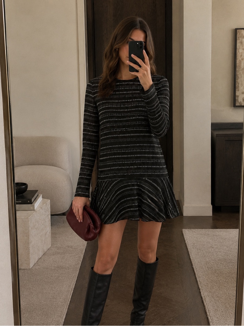 Theory Marah Fresh Drop 100% Silk Black Ivory Long Sleeve Mini Dress Size 4